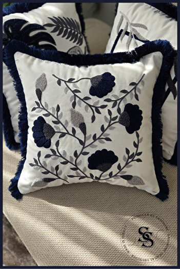 SasoHome Beauty Flowers Punch Embroidery Patterned Linen Throw Pillow Cover