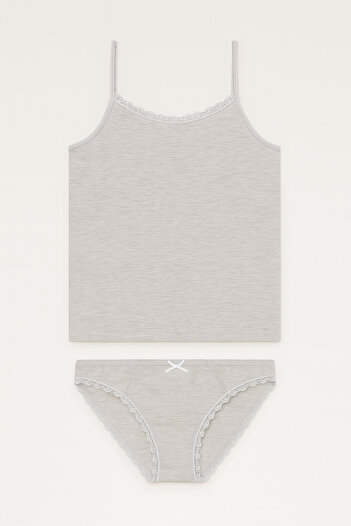 QKK Women's Light Gray Melange Lycra Cotton Thread Strap Tank Slip Panties Set Q3İ5K1L2Ekk