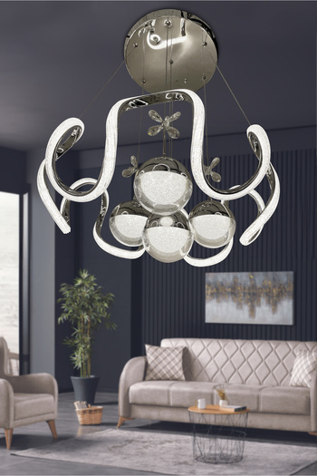 RSCOLLECTIONS Arya Fanus 4 Toplu Simli Slikonlu Yüksek (Işık) Modern Salon Led Avizesi Kumandasız Krom