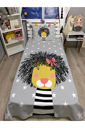 yok yok evim eve dair her şey Cute Female Lion Patterned Single Pique and Pillowcase Bedspread Set