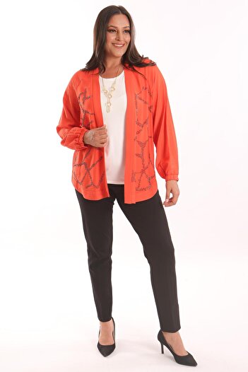 Metpoint Trend42Plus Large Size Front Stone Printed Orange Jacket