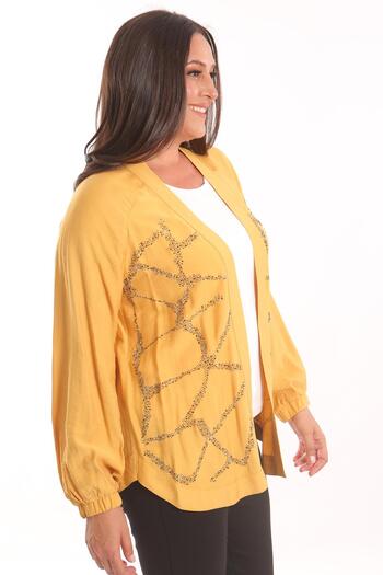 Metpoint Trend42Plus Large Size Front Stone Printed Mustard Jacket