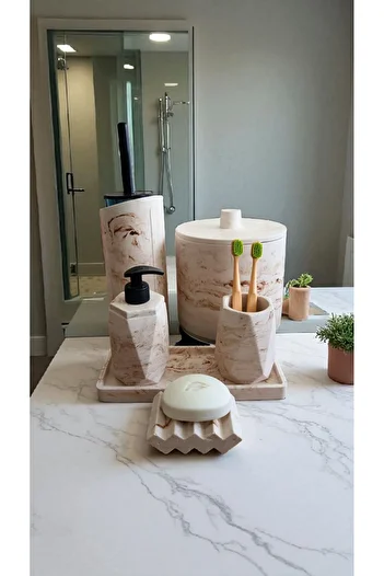 Trust Stone Marble Pattern Beige Trash Can, Bathroom Set Toilet Wc Liquid Soap Dispenser Toothbrush Holder Concrete Accessory Set
