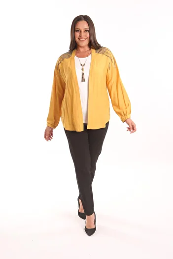 Metpoint Trend42Plus Large Size Robe Stone Printed Oversize Mustard Jacket