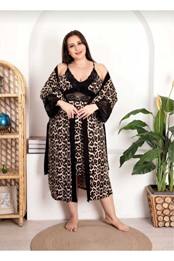 Eyfuze Women's Plus Size Curve Lycra Combed Cotton 2-Piece Dressing Gown Nightwear Set