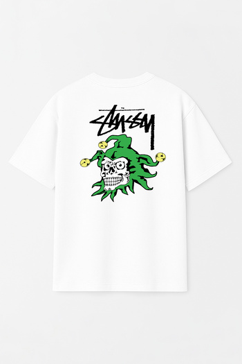 THE RULE Unisex Stüssy Joker Printed Oversize 100% Cotton Wide Cut Textured Crew Neck T-Shirt Rf0538