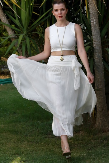 Chiccy Italian White Lined Elastic Waist Casual Silk Long Woven Skirt 98 60