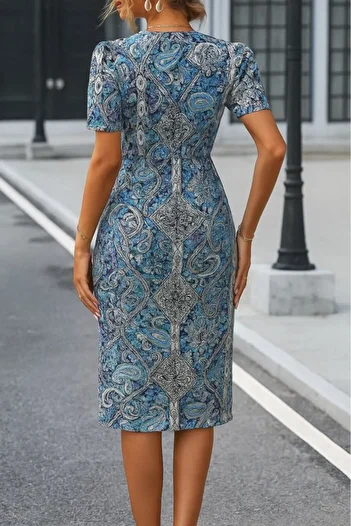 Masspera Short Sleeve Patterned Atlas Fabric Midi Dress
