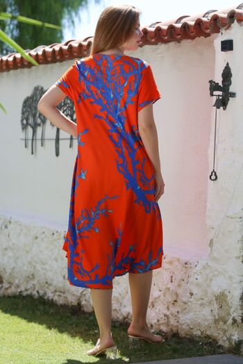 Chiccy Orange-Blue V-Neck Short Sleeve Patterned Casual Viscose Woven Dress 120 65
