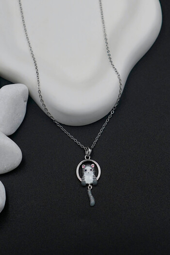 The Collection Tail Wagging Cat Pendant Tarnish Free Silver Women's Steel Necklace
