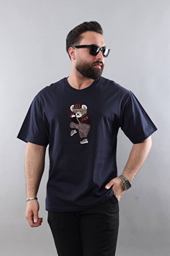 STOCX Men's Oversize T-Shirt with Embroidered Bear Figure