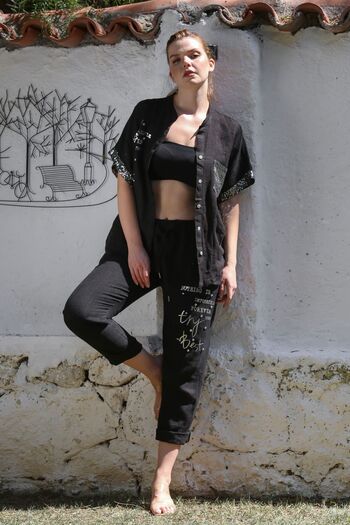 Chiccy Italian Black Judge Collar Low Sleeve Button Pocket Sequin Sequin Linen Woven Suit 70-100 65-65