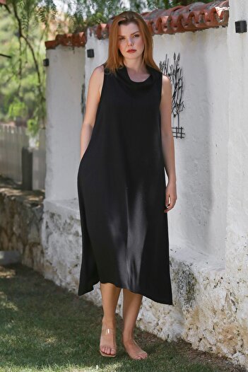 Chiccy Black Degaje Collar Sleeveless Hidden Pocket Washable Casual Linen Look Woven Dress 120 55