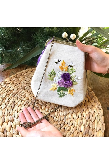 Home Cream Linen Rococo 3D Hand Embroidered Vintage Style Bag. 18X18 Dimensions. 100% Handmade
