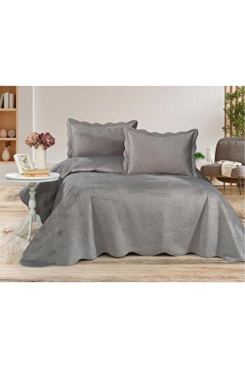 Çeyiz Diyarı Askana Double Luxury Velvet Bedspread Gray