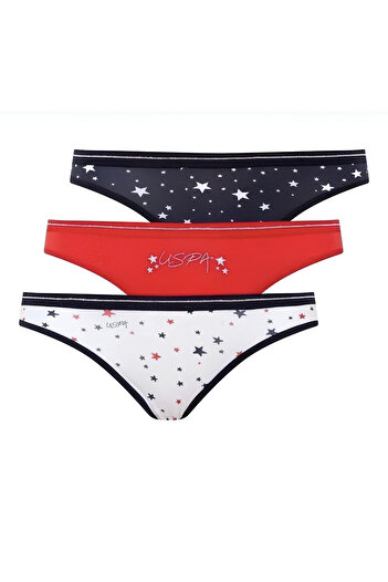U.S. Polo Assn. Women's 3-Piece Slip Panties Set - Navy Blue Red White Star Patterned