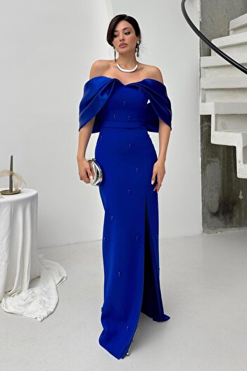 Serica Moda Rochie de seară Saks Blue cu decolteu barcă cu detalii de perle