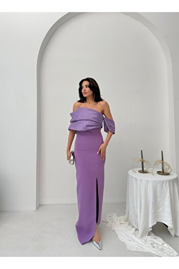 Serica Moda Βραδινό φόρεμα με λιλά γιακά με λεπτομέρεια σχισμή