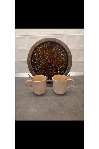 SART Creative Wooden and Epoxy Serving Tray Set with Cups and Spoons - Diameter 28 Cm