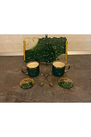 SART Creative Epoxy Serving Tray Set with Cups, Stand and Spoons - 35x21 Cm