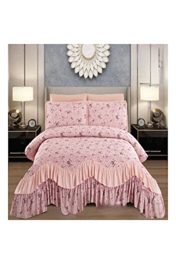 Lenjerii de pat Bedspread set with 2 pillowcases, 3 pieces, fine cotton, printed, quilted, pink, Elena