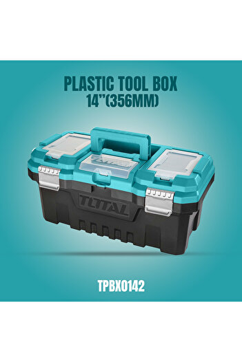 TOTAL 14-Inch Plastic Tool Box TPBX0142 with Metal Buckle and Storage Tray, 356x168x160mm