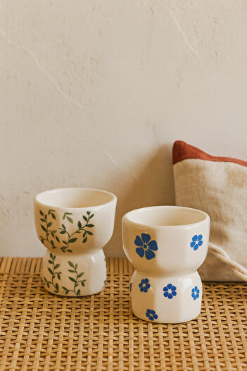 Anadolu Saray 2'li El Yapımı Seramik Sarmaşık ve Mavi Çiçek Tasarım Handmade Kupa Sekizgen Tasarım Mug Kupa Fincan