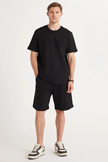Tudors Relax Fit Comfortable Cut 100% Cotton Lightweight Thick Special Design Men's Black Shorts Tracksuit Set