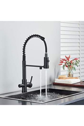 CasaVie Baterie profesionala de bucatarie, cu dus flexibil, pipa pentru apa filtrata, negru mat, cod 1657