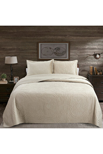 Boutique Blanche beige cotton king size bed spread 3 pc set