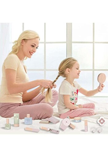 COOYA Wooden Makeup Toy Set Salon Playset with Wood Pretend Dress Up Beauty Play Kit for Girl Kids(18pcs)