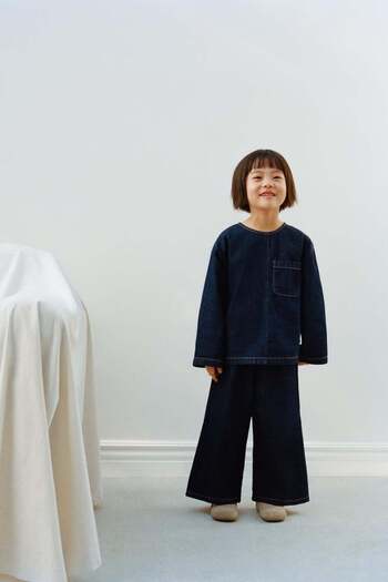 Magu Girl's Cotton Navy Blue Denim Wide Leg Suit - Top with Pockets