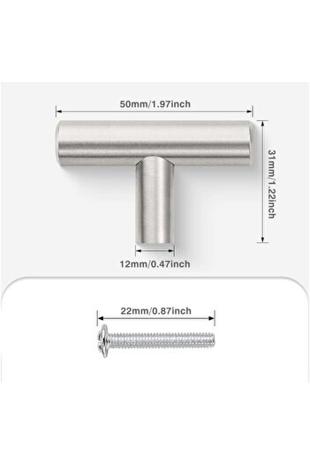 Generic T-Bar Cabinet Handle, 50mm Length, Brushed Stainless Steel, with 22mm Mounting Screw