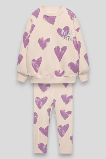 Magu Girl's Cotton Lilac Heart Sweatshirt Leggings Set - Paris Text Detail