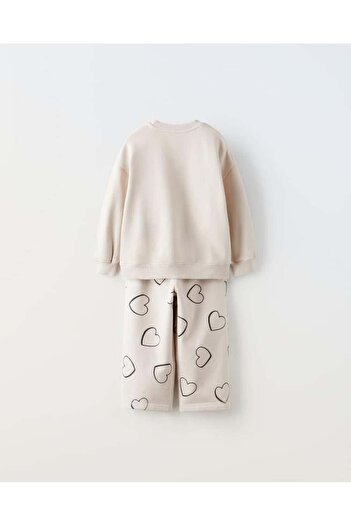 Magu Girl's Cotton Ecru Heart Sweatshirt Wide Leg Tracksuit Set - "Time to Do What I Love" Written