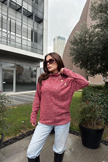 NEW LAVİVA Women's Red Self Patterned, Soft Fabric, Long Sleeve, Button Detailed, Throat Blouse