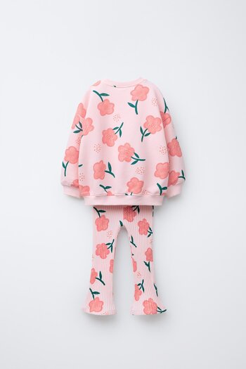 Magu Girls' Cotton Pink Floral Patterned Sweatshirt Spanish Leggings Set