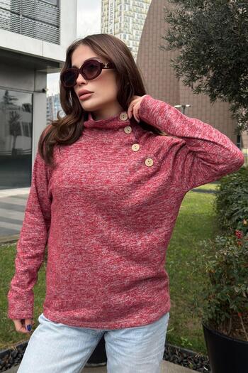 NEW LAVİVA Women's Red Self Patterned, Soft Fabric, Long Sleeve, Button Detailed, Throat Blouse