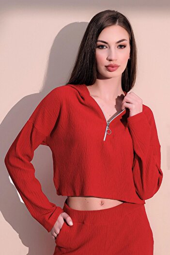 NEW LAVİVA Women's Red Long Sleeve Zippered Hooded Self Patterned Crop Sweatshirt Blouse