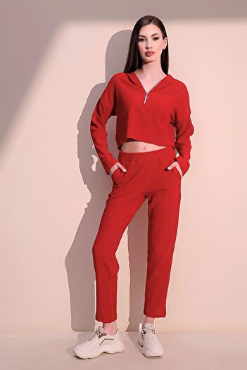 NEW LAVİVA Women's Red Long Sleeve Zippered Hooded Self Patterned Crop Sweatshirt Blouse