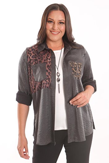 SERTUĞ Tren42Plus Large Size Leopard Garnished Stone Printed Shirt Blouse Anthracite Set