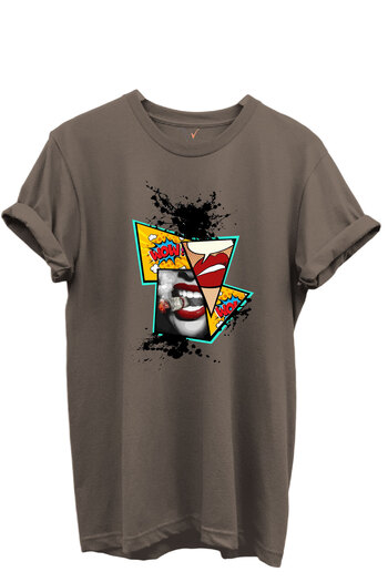 WİDİ Pop Art Lip and Comic Μπλουζάκι με θέμα WOW 100% βαμβακερό κανονικό μπλουζάκι Unisex
