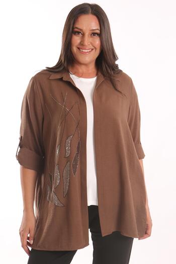 SERTUĞ Tren42Plus Large Size Epaulettes Stone Printed Brown Double Suit