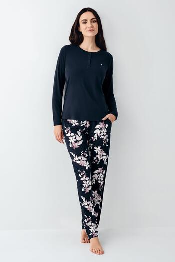Pierre Cardin Women's Seasonal Long Sleeve Crew Neck Button Navy Blue Pajama Set, 50% Cotton 50% Modal