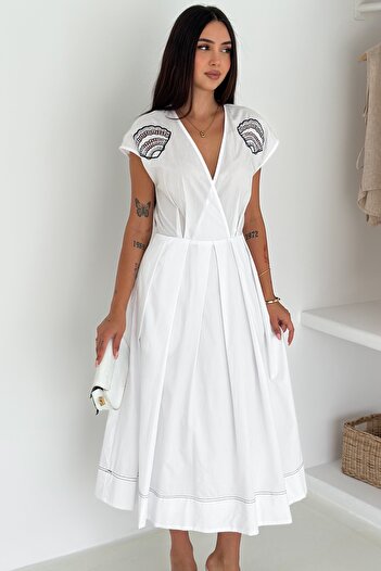 FEMELLE Oyster Embroidered Pleated Midi Dress