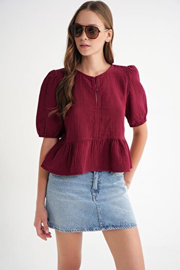 Mixray 4713 Women's Gathered Waist, Elastic Sleeves, Loose Muslin Blouse Claret Red