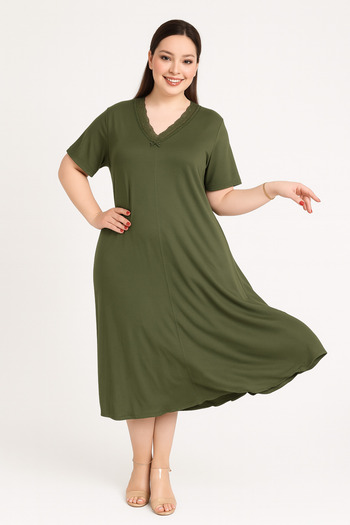 şuranur Bamboo V-Neck Lace Detailed Skirt Flared Dress Plus Size
