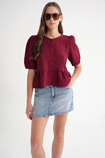 Mixray 4713 Women's Gathered Waist, Elastic Sleeves, Loose Muslin Blouse Claret Red