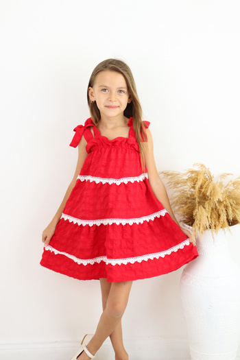FESSHERA KİDS 🌿   Girls' Bow Strap Ruffled Cotton Dress–Bow Strap, Layered Ruffles, Lace Detail 🌿