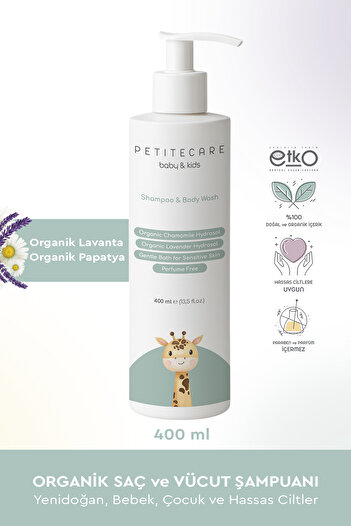 PETITECARE baby&kids Organik Yenidoğan, Bebek, Çocuk Saç ve Vücut Şampuanı, Parfümsüz, Organik Sertifikalı İçerik, 400 ML
